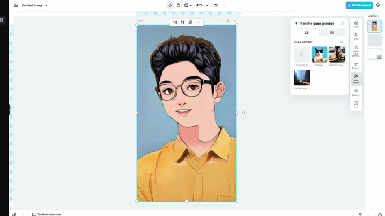 Pilih gaya visual seperti Hong Kong, Oil painting, atau Manga, lalu terapkan gaya tersebut.