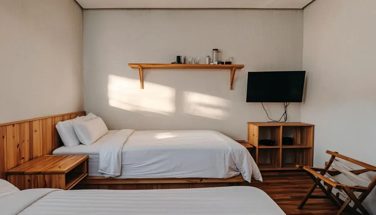 Kamar kos 3x3 bergaya minimalis dengan cat putih dan rak kayu gantung