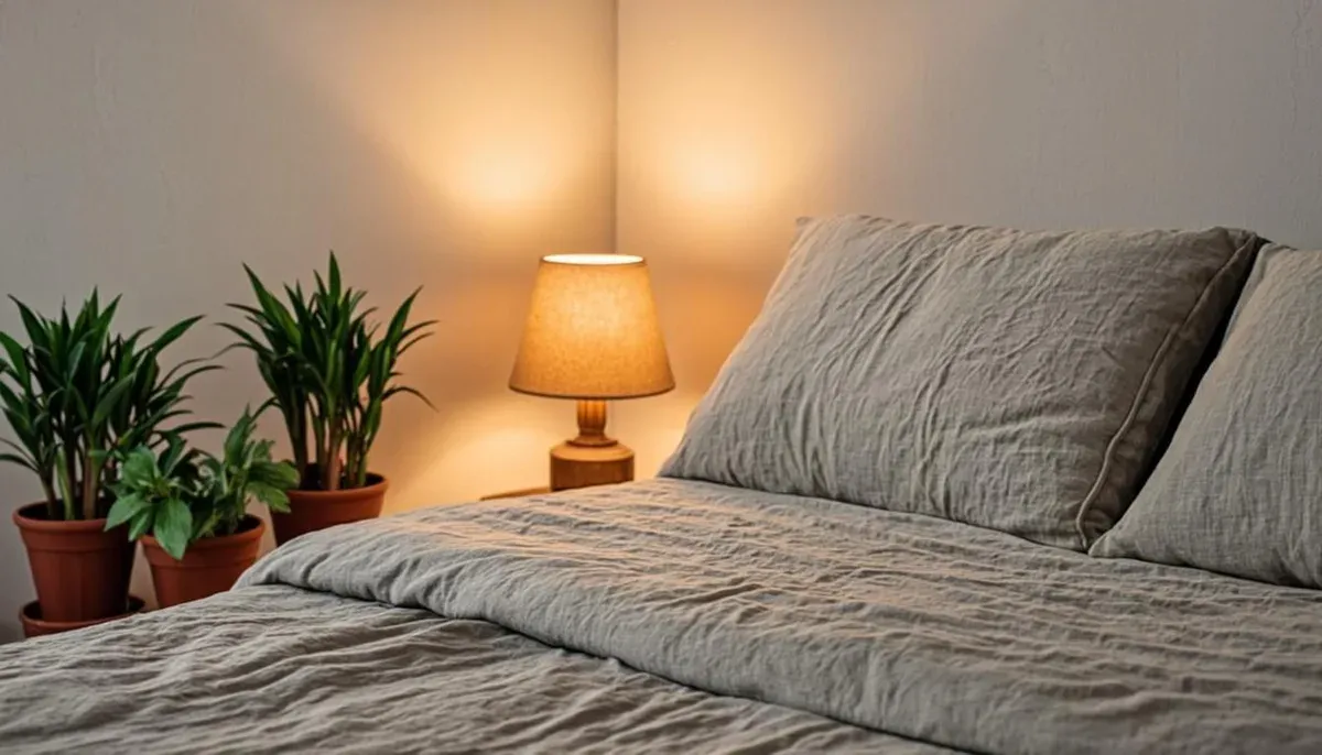Sudut kamar kos dengan tanaman hias kecil, lampu tidur, dan sprei warna pastel