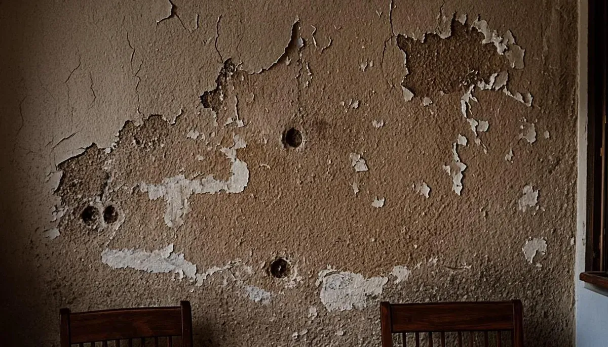 Sudut kamar dengan cat dinding menggelembung dan noda lembab