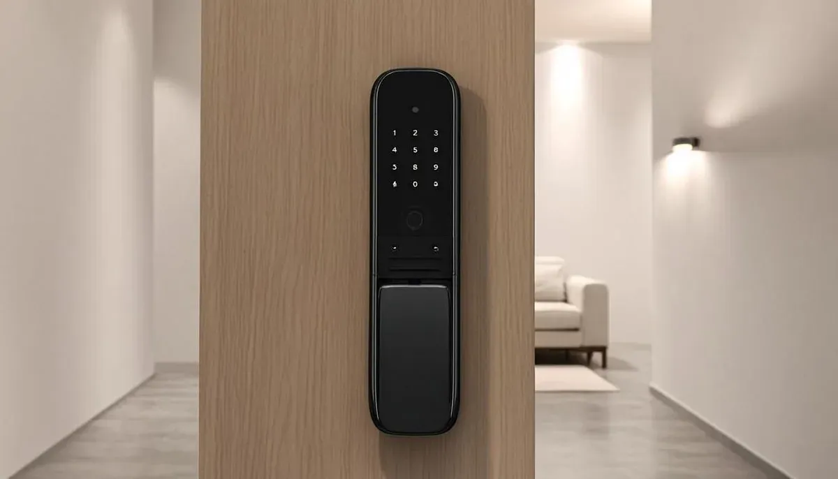 Kunci pintu digital dengan keypad angka terpasang di pintu kamar kayu