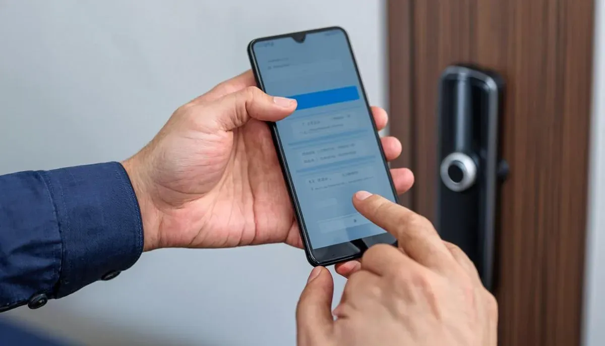 Tangan membuka aplikasi smartphone yang menampilkan log aktivitas pintu