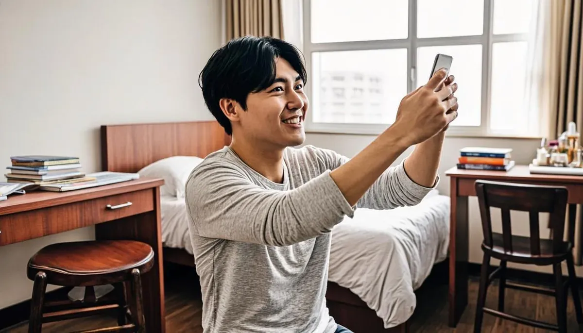 Smartphone mengambil foto kamar kos yang tertata rapi dari sudut pojok