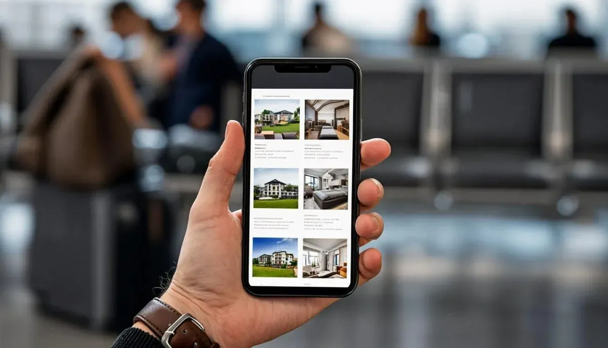 Layar smartphone menampilkan daftar listing kos dengan foto kamar