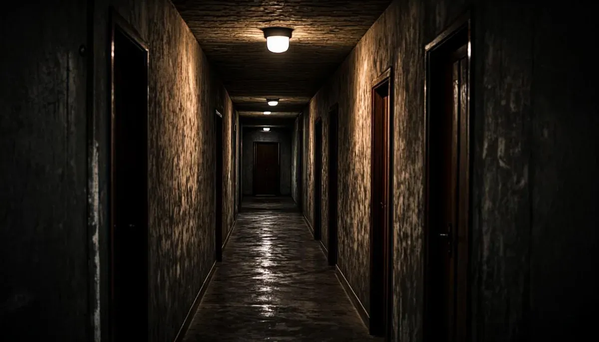 Lorong kos gelap dengan pintu kamar tertutup dan cahaya redup