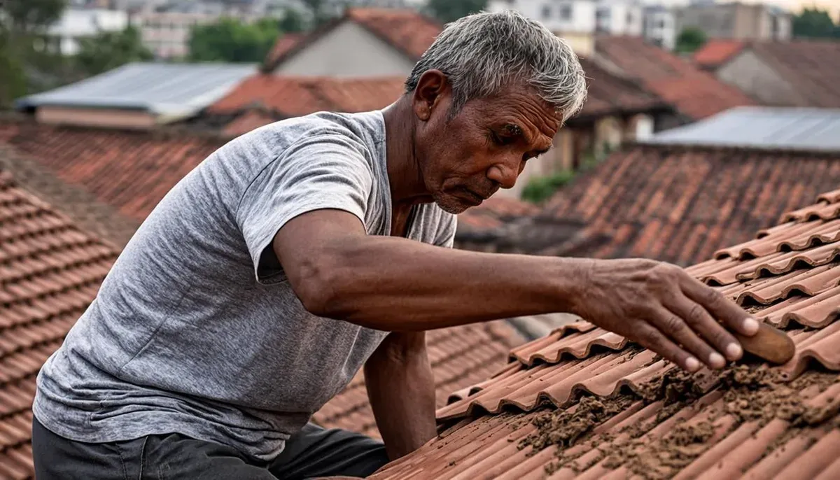 Bubungan atap yang sedang diperbaiki dengan perekat semen tahan air