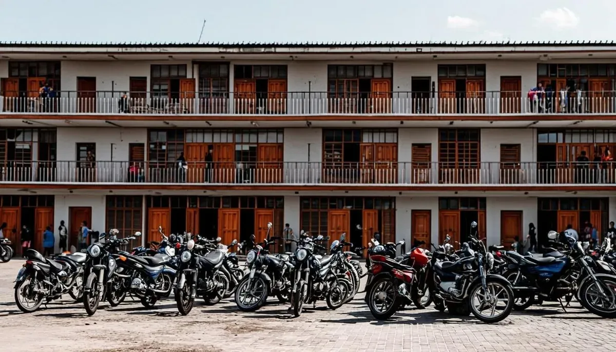 Bangunan kost dua lantai dengan parkir motor di depannya