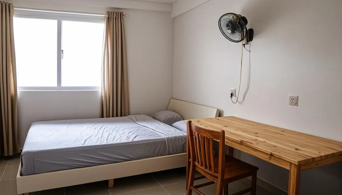 Interior kamar kost sederhana yang rapi dengan kasur meja dan jendela