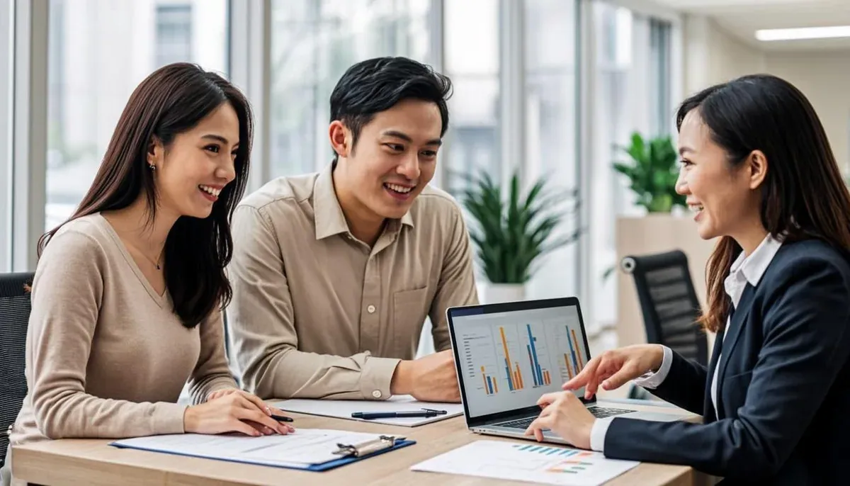 Pasangan muda membandingkan skema bunga fixed dan floating KPR bersama petugas bank