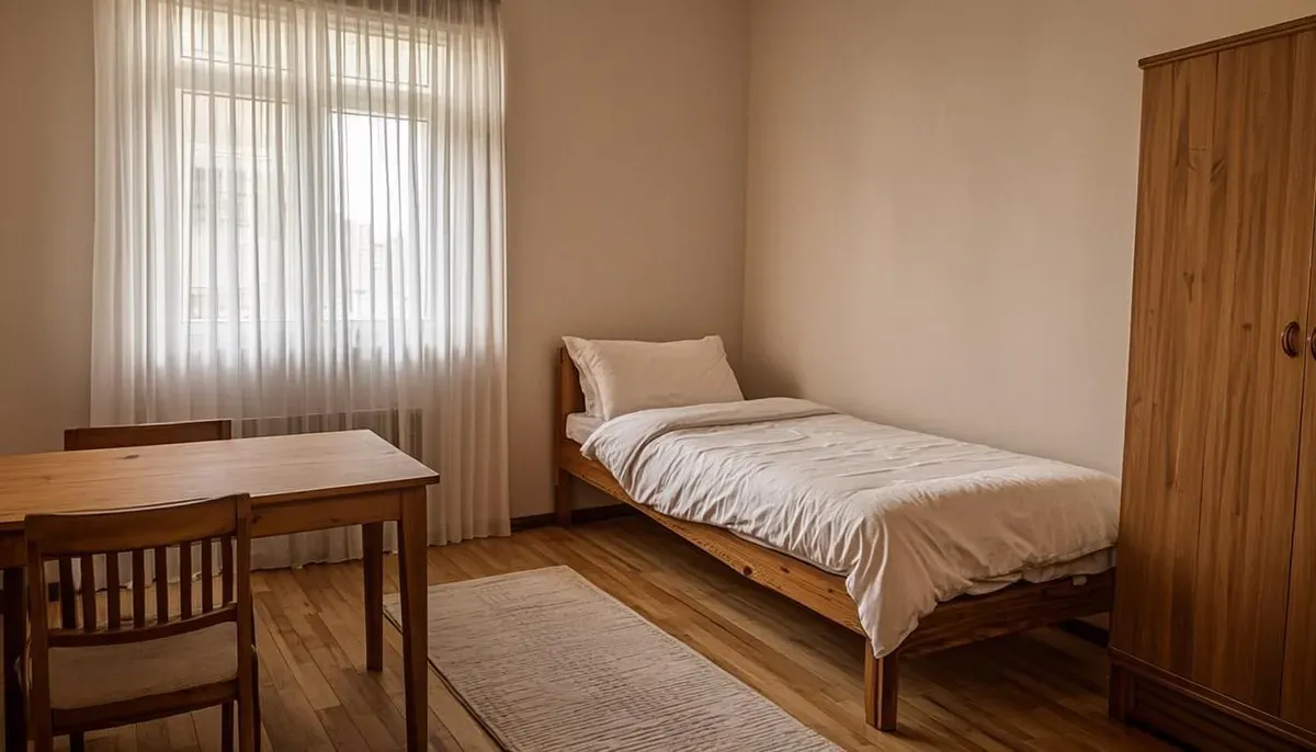 Kamar kos eksklusif sederhana namun bersih dengan kasur, meja, dan lemari