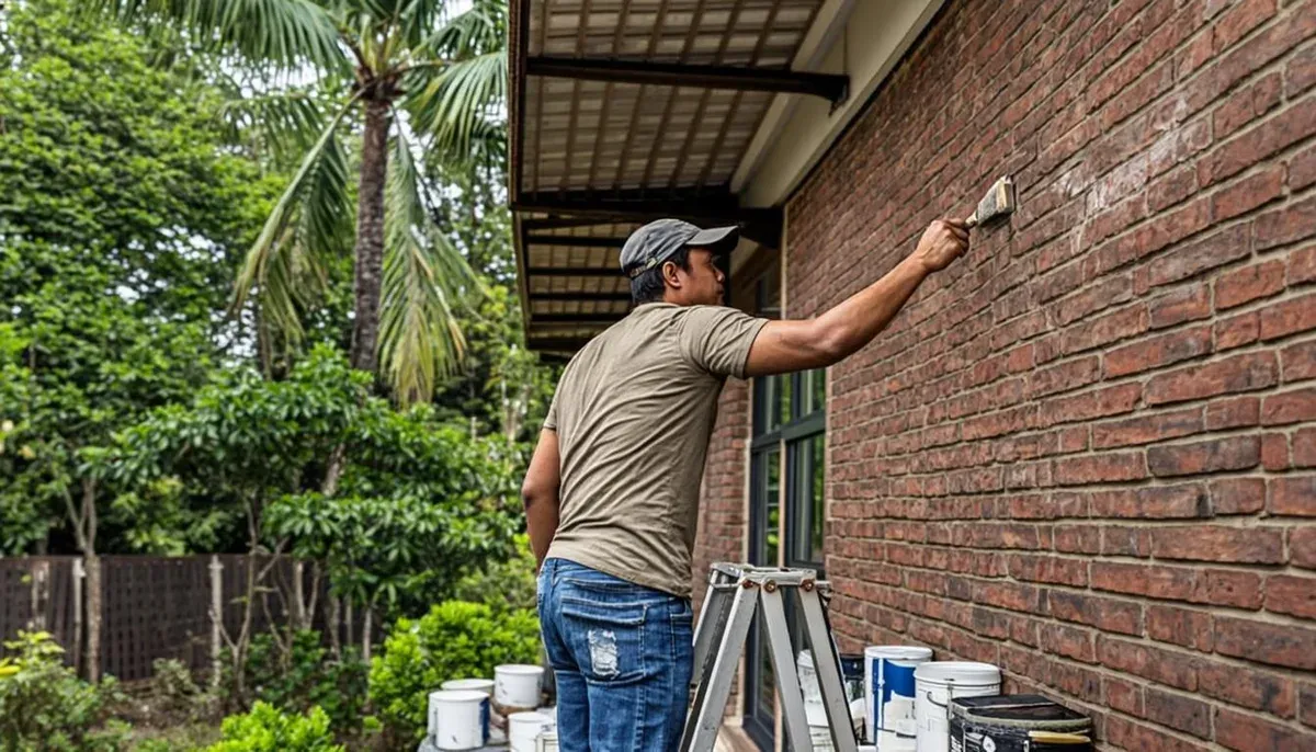 Aplikasi cat waterproofing di dinding bagian luar rumah