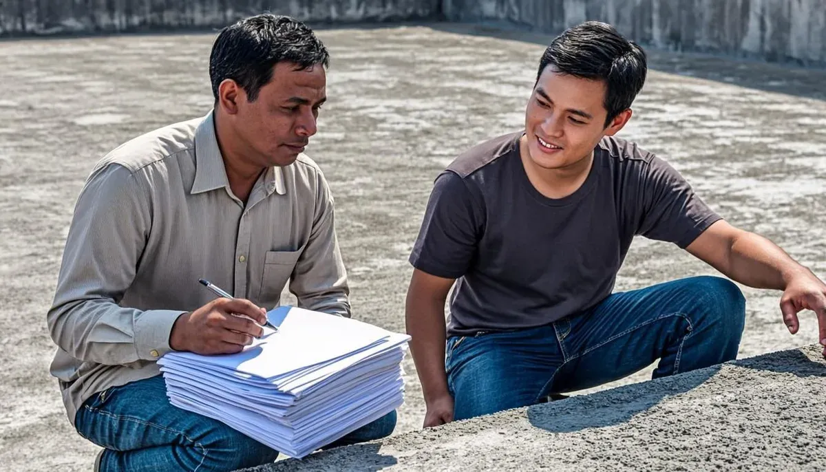 Tukang profesional memeriksa dak dengan alat ukur kelembapan