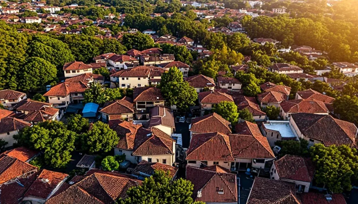 Pemandangan udara rumah perumahan beratap genteng di Indonesia