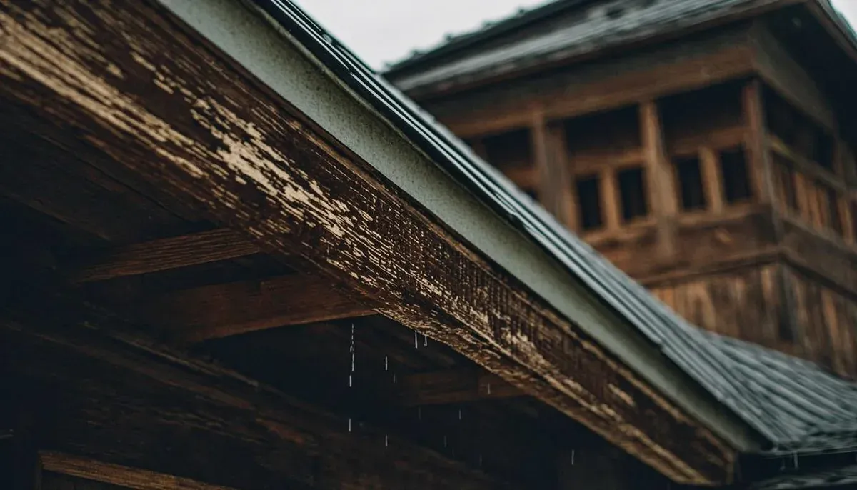 Lisplang kayu rumah yang menghitam karena terminum air hujan