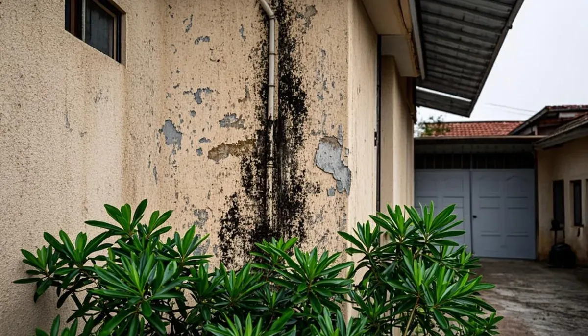 Jalur pipa air tersembunyi di dinding dengan tanda lembap mengikuti jalurnya