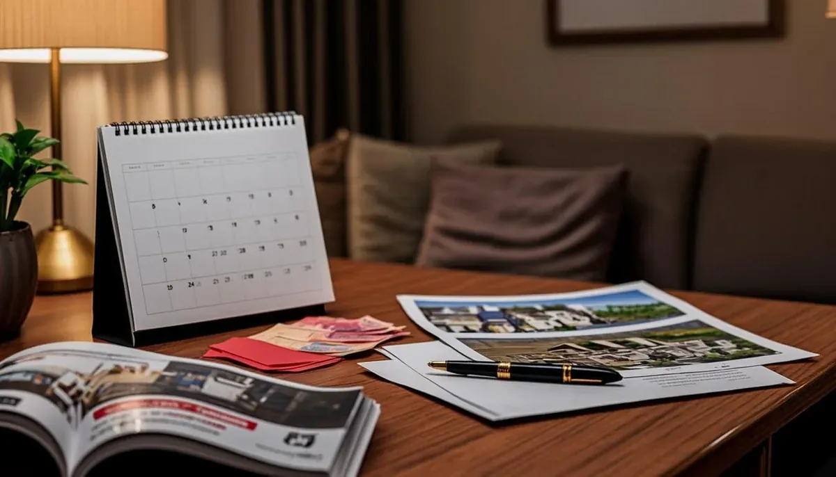 Kalender dengan tanggal cicilan DP ditandai di samping brosur rumah