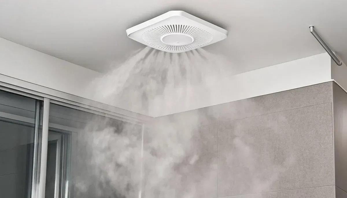 Exhaust fan kecil terpasang pada plafon kamar mandi