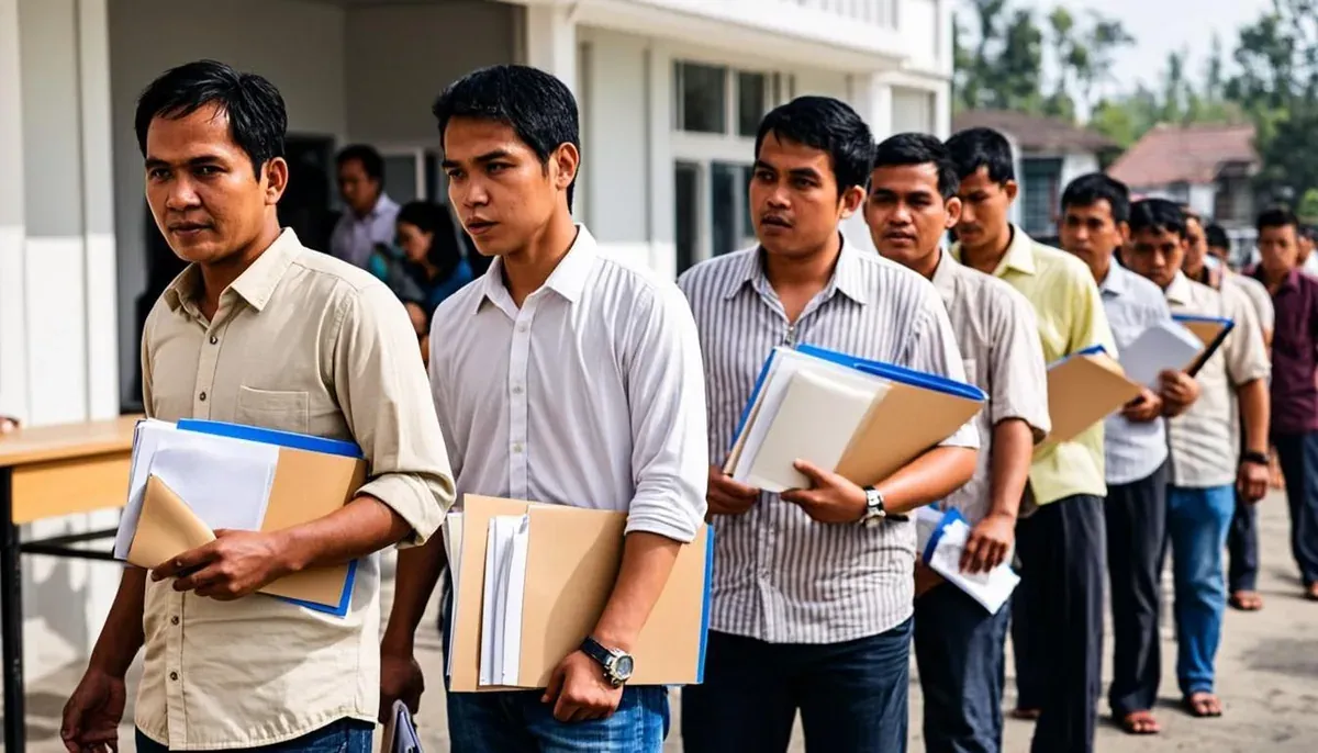 Pasangan muda melengkapi formulir pendaftaran rumah subsidi bersama staf marketing