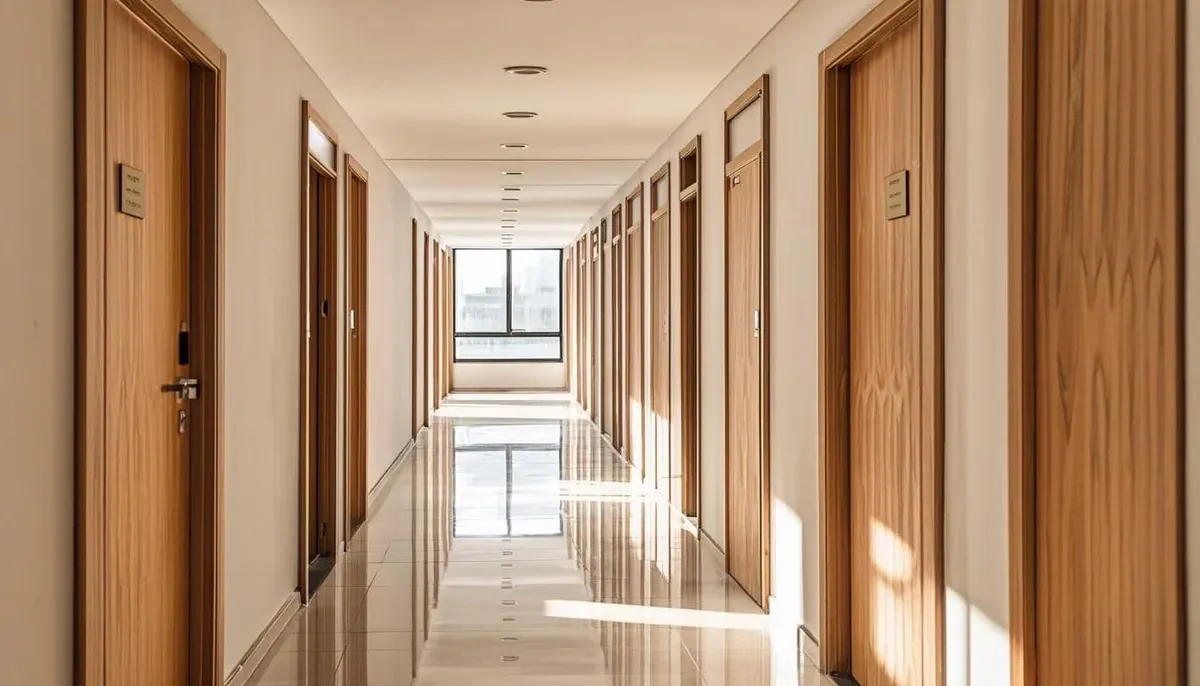 Deretan pintu kamar kost bernomor di satu koridor