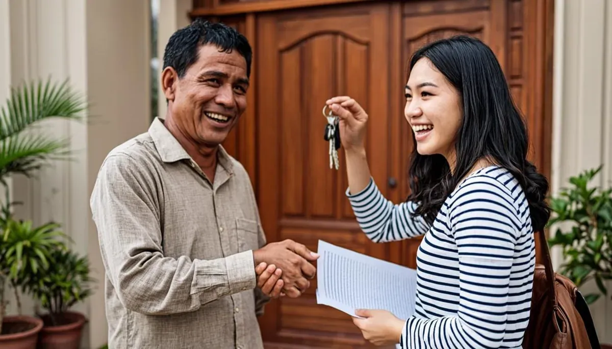 Pemilik menyerahkan kunci dan kontrak sewa kepada penyewa rumah