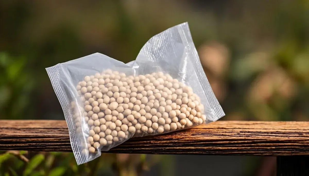 Silica gel berbentuk butiran di dalam wadah kecil