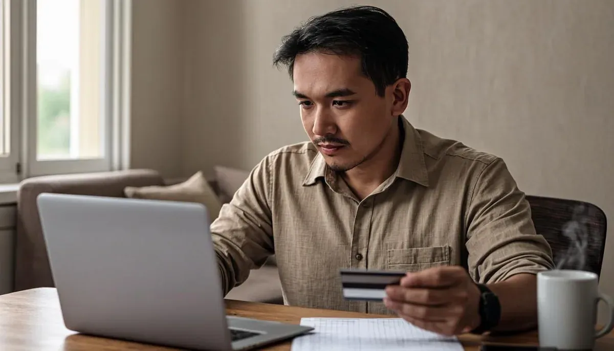 Pria memeriksa laporan skor kredit SLIK di laptop sebelum mengajukan KPR