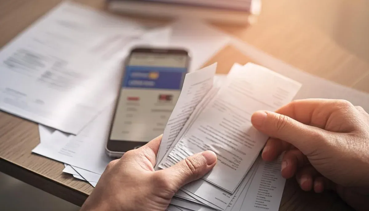 Tangan menata bukti tagihan lunas dan aplikasi dompet digital di meja