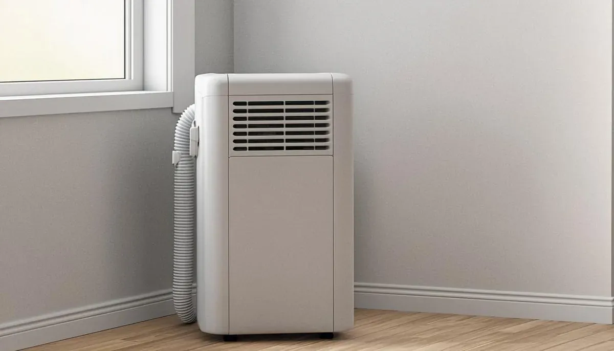 AC portable berdiri di sudut kamar kos kecil dengan jendela tertutup
