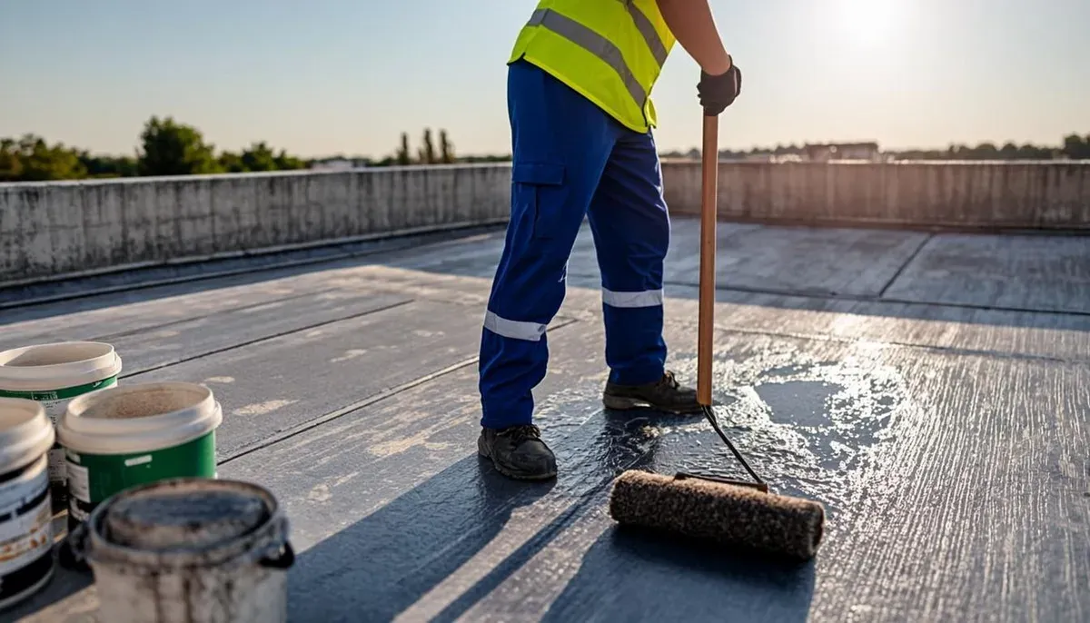 Aplikasi coating waterproofing pada dak beton dengan roller besar