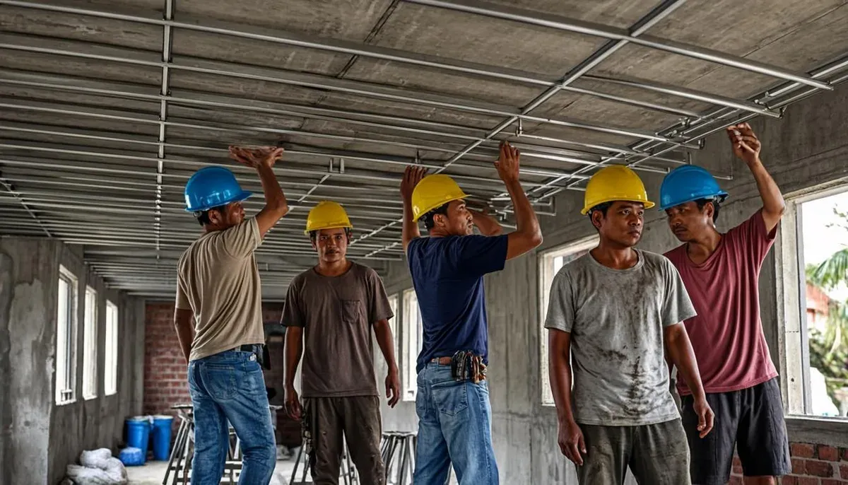 Tukang memasang rangka hollow untuk plafon pada proyek renovasi