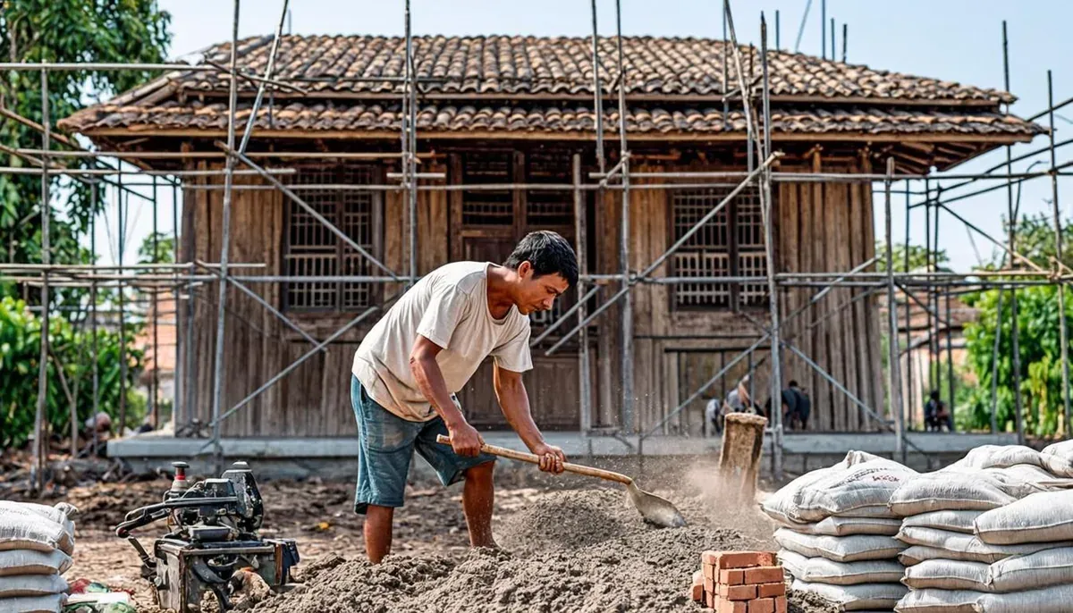 Renovasi rumah tua sedang berjalan dengan perancah dan karung semen