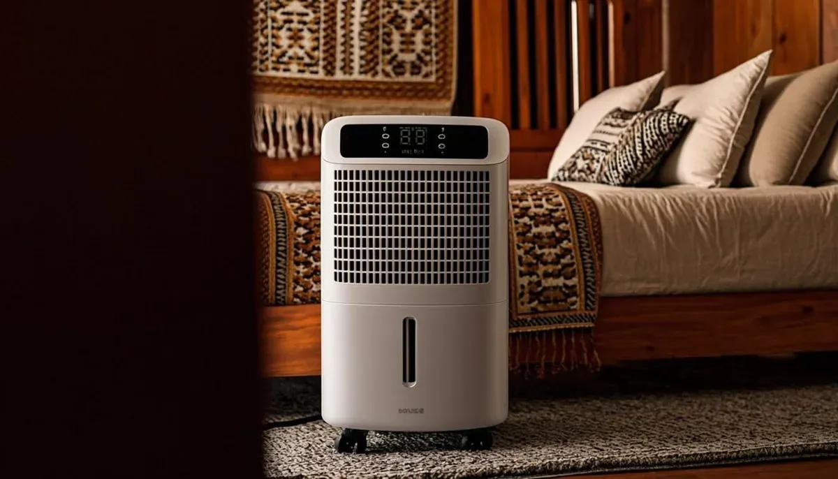 Dehumidifier portabel berdiri di sudut kamar dengan lampu indikator menyala