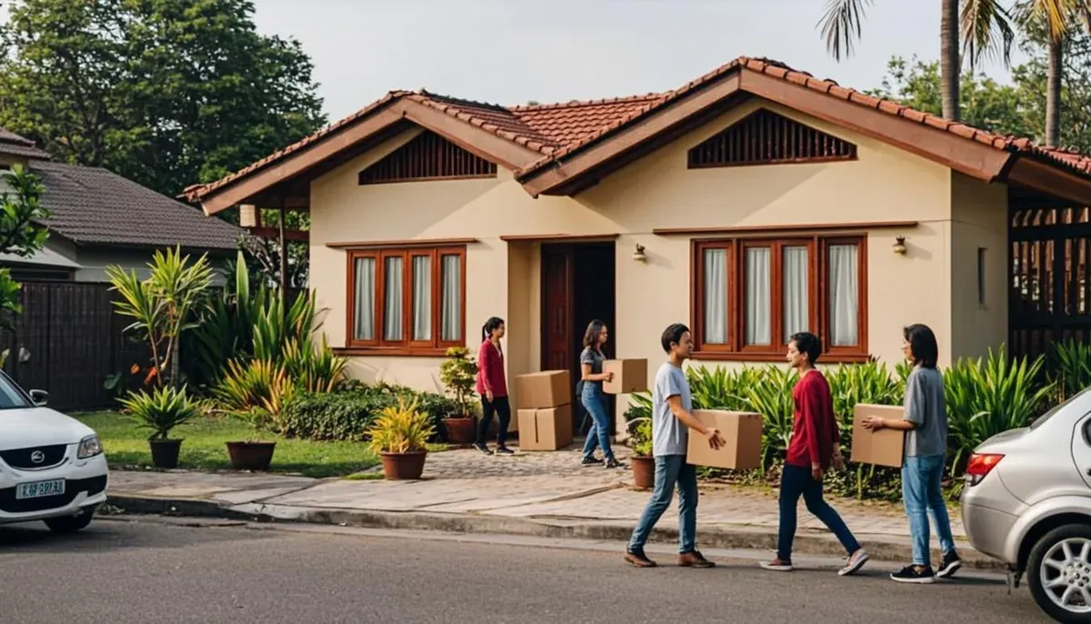 Dokumen kepemilikan rumah, berkas akad kredit, dan kalkulator ditata di atas meja kerja