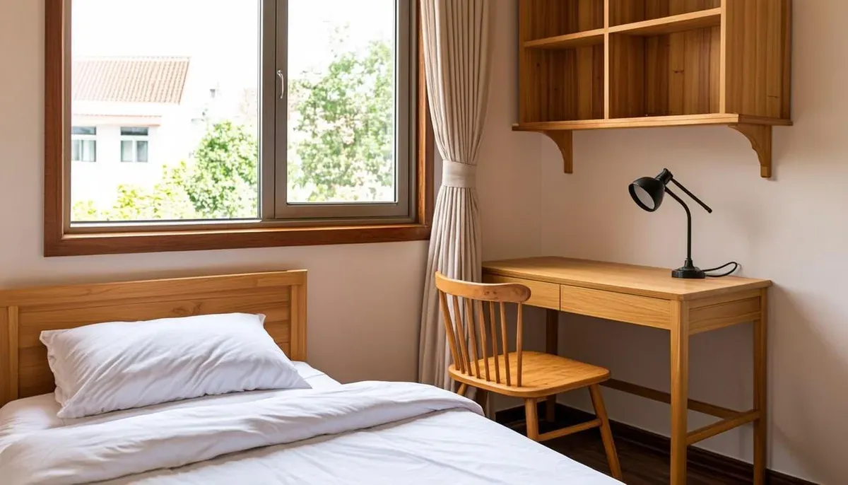 Kamar kos 3x3 sederhana dengan kasur single, meja kecil, dan rak dinding