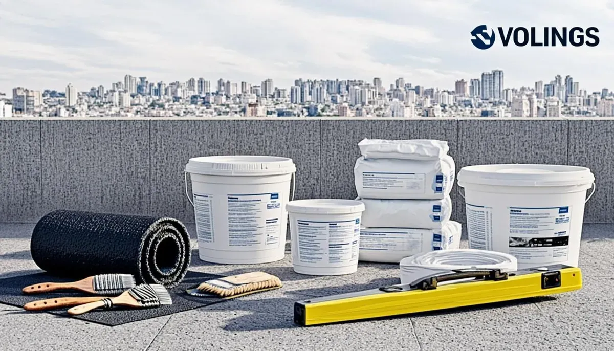 Material waterproofing kaleng dan ember campur di atas dak rumah