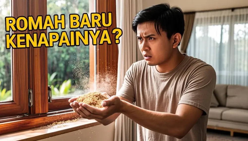 Kusen jendela kayu yang terlihat utuh di luar tapi rapuh dan berdebu karena rayap