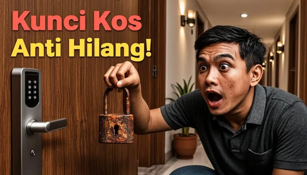 Pria terkejut memegang gembok berkarat di sebelah pintu dengan smart lock digital