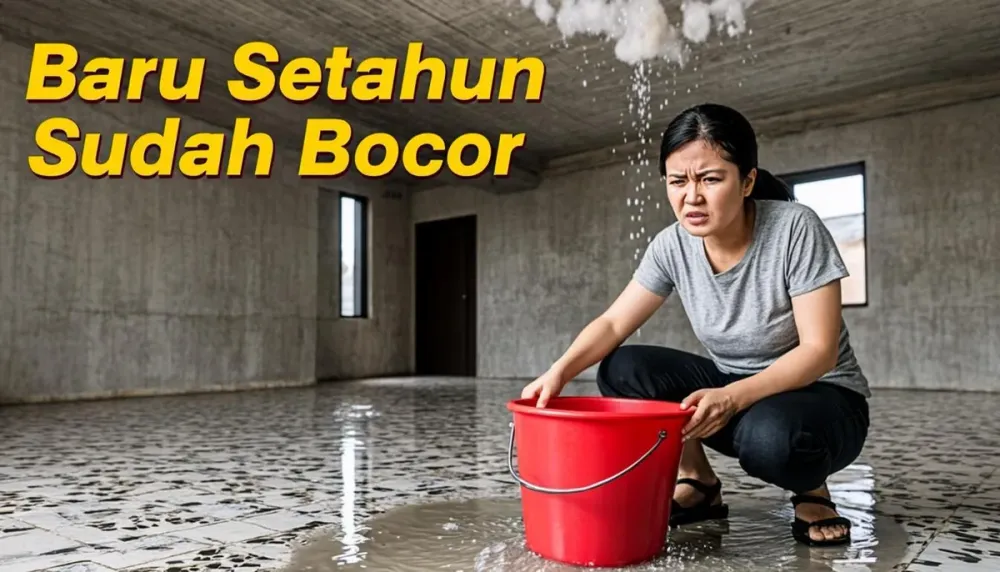 Tukang memeriksa permukaan dak beton yang baru dicor dengan alat ukur
