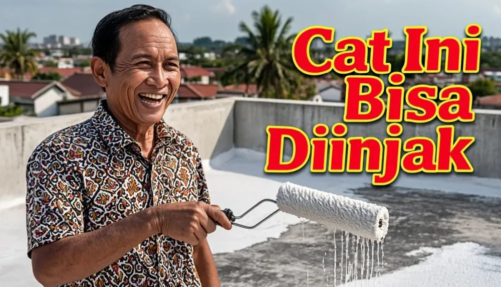 Pekerja mengecat permukaan dak beton dengan roller warna cerah