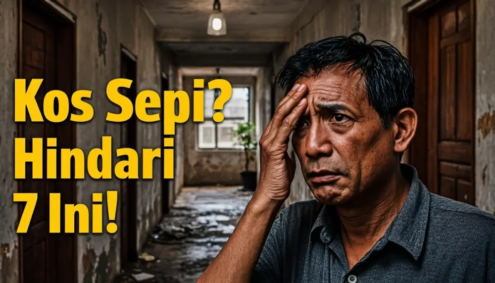 Pria tua cemas berdiri di lorong kos yang sepi dan kosong