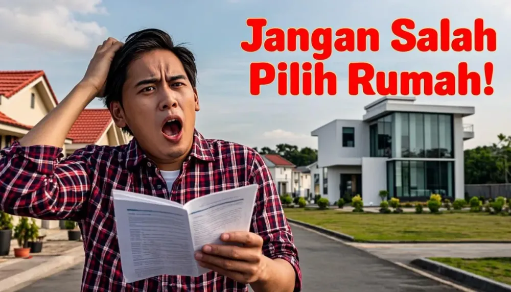 Pasangan muda Indonesia membandingkan brosur rumah subsidi dan brosur KPR biasa di atas meja