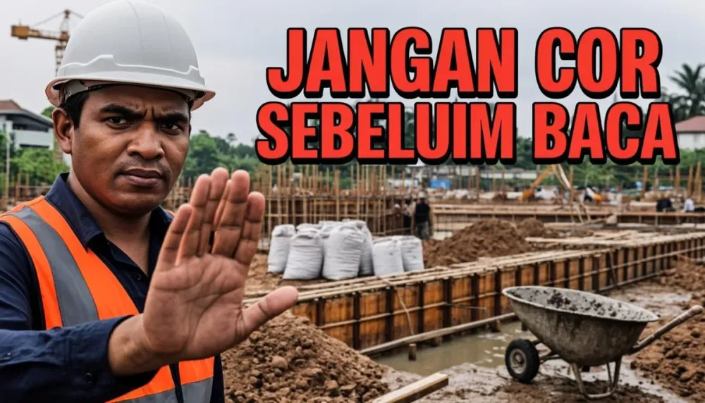 Pekerja melakukan soil treatment menyemprot tanah urug sebelum lantai dicor