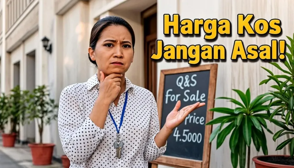 Wanita berpikir keras sambil memandang papan daftar harga sewa
