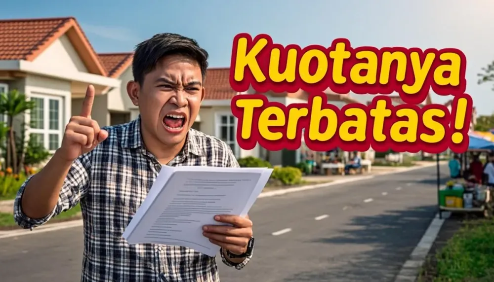 Pria Indonesia berteriak gembira memegang dokumen KPR FLPP di depan barisan rumah subsidi baru