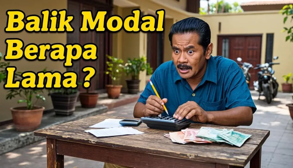Pria dewasa menghitung keuangan dengan kalkulator di halaman kos