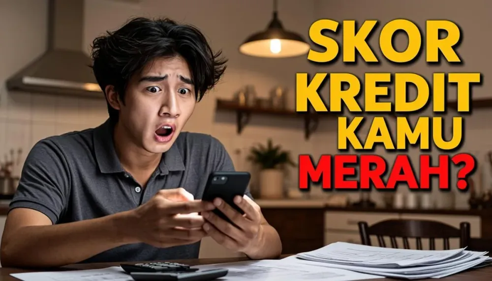 Pria muda menatap layar HP dengan ekspresi kaget melihat skor kreditnya merah