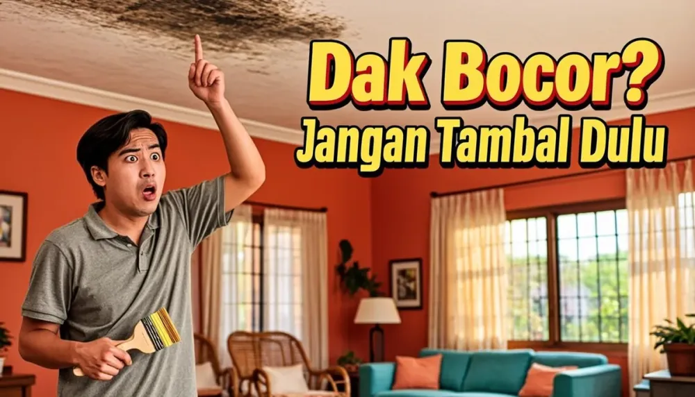 Pemilik rumah menunjuk noda rembesan di plafon tepi dak beton rumahnya