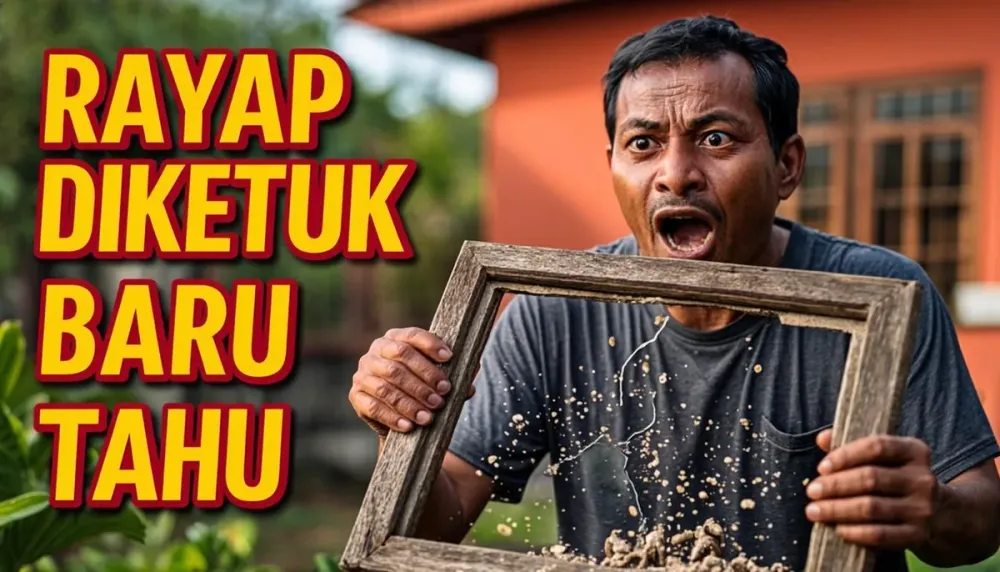 Pemilik rumah memegang potongan kusen kayu yang keropos dimakan rayap di rumahnya