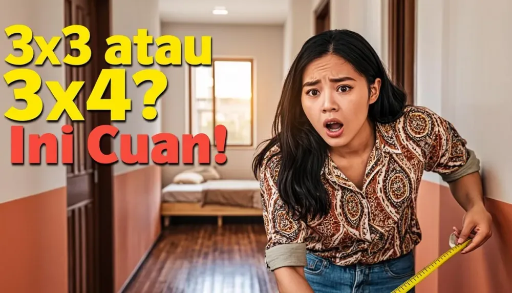 Wanita mengukur kamar kecil kos dengan meteran lakban