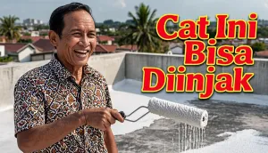 Pekerja mengecat permukaan dak beton dengan roller warna cerah